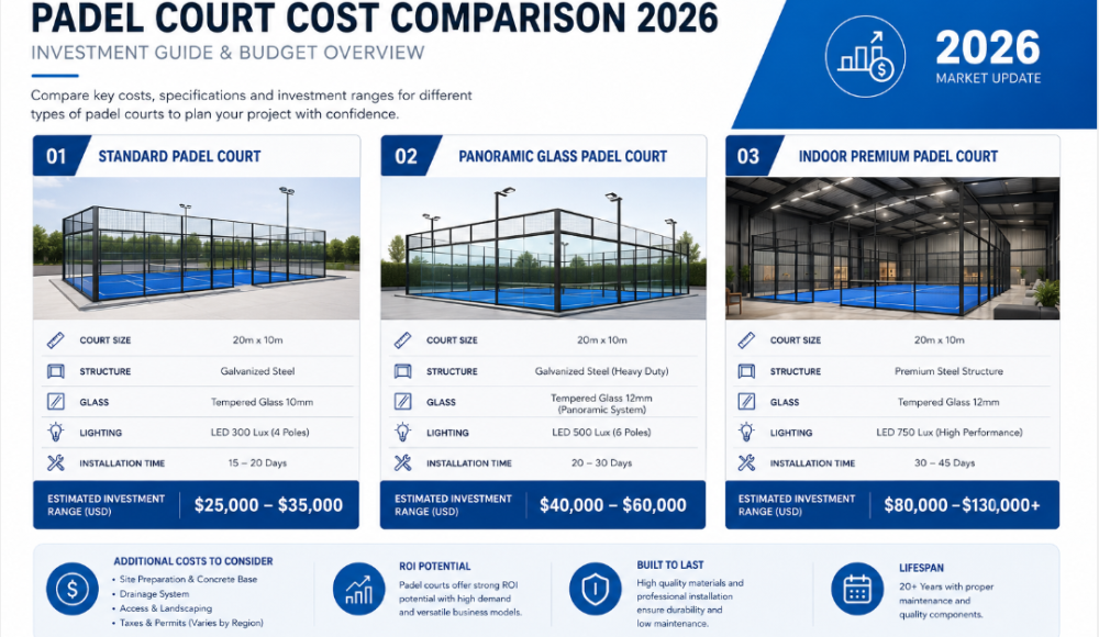 Padel court cost comparison chart showing panoramic, standard and premium court prices in 2026