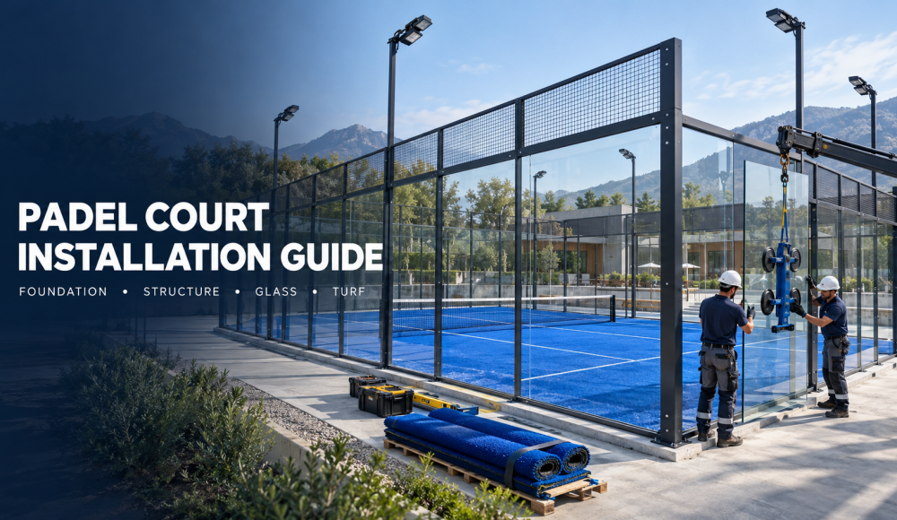 Professional panoramic padel court installation with steel structure and tempered glass