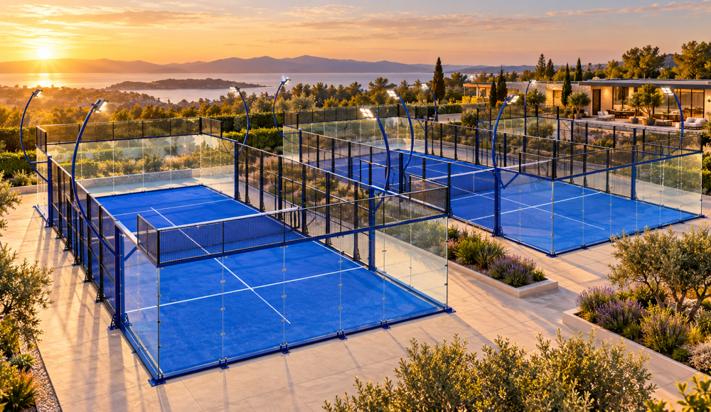 Three blue panoramic padel courts at a landscaped sports club at sunset.