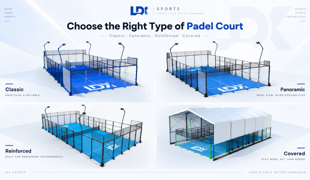 Classic, panoramic, reinforced and covered padel court types for padel court construction projects