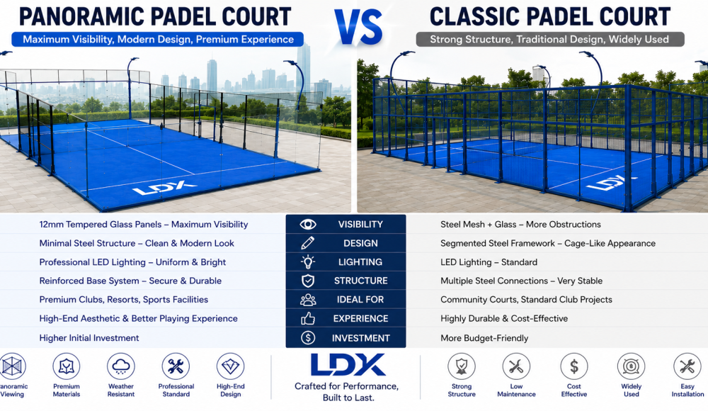 Comparison chart between LDK panoramic padel court and classic padel court features.